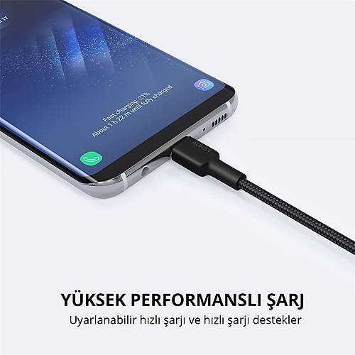 AUKEY CB-CD30-BK NAYLON RGL USB-A TYPE-C ARJ KABLOSU 0.9M