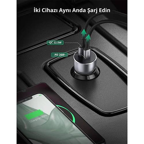 UGREEN 52.5W QC PD HIZLI ARA  ARJ CHAZI AKMAKLIK ADAPTR 1XUSB-C 1XUSB-A UZAY GRS 60980