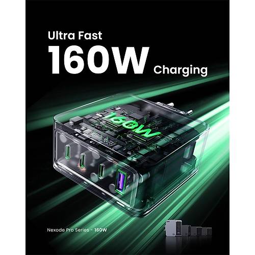 UGREEN NEXODE PRO 160W GAN HIZLI ARJ CHAZI 100W KABLOLU TYPE-C QC PD 3XUSB-C 1XUSB-A GR 25877