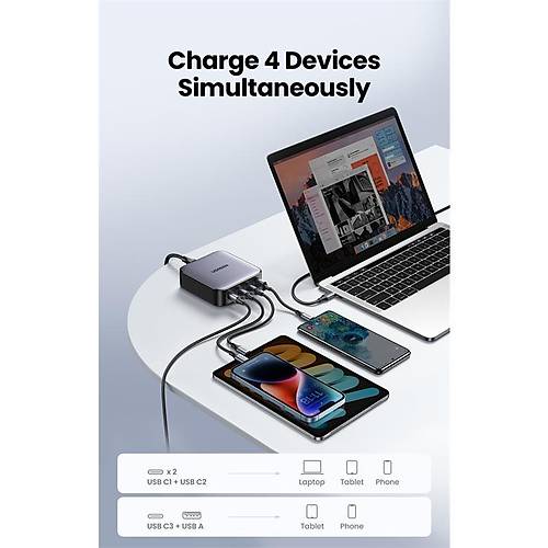 UGREEN NEXODE 100W GAN MASAS HIZLI ARJ CHAZI TYPE-C QC PD 4 PORTLU 3XUSB-C 1XUSB-A GR 90928