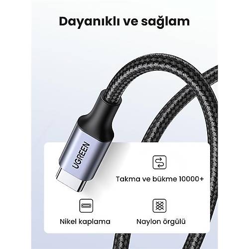 UGREEN USB-C 60W 3A QC PD RGL HIZLI ARJ KABLOSU 2 MT SYAH 50152