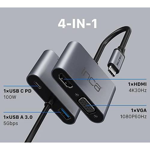INCA ITPC-06T TYPE-C HUB X4 HDMI 4K@30 Hz+ VGA+ USB 3.0+PD 100W ALUMINYUM KASA OKLAYICI