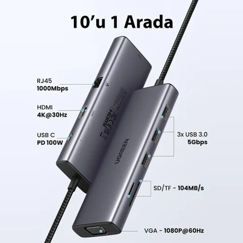 UGREEN 15600 Type-C to 3*USB 3.0 4K/30Hz HDMI VGA Gigabit Ethernet SD TF Kart Okuyucu oklayc Hub Adaptr