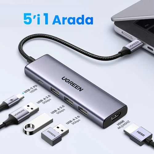 UGREEN 15596 5 in 1 Type-C to 4K/30Hz HDMI 3*USB 3.0 100W PD G Girii oklayc Hub Adaptr