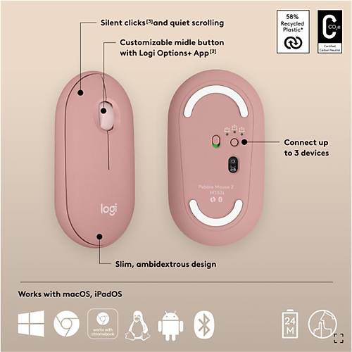 LOGITECH PEBBLE 2 M350S KABLOSUZ BLUETOOTH SESSZ OPTK MOUSE PEMBE 910-007014