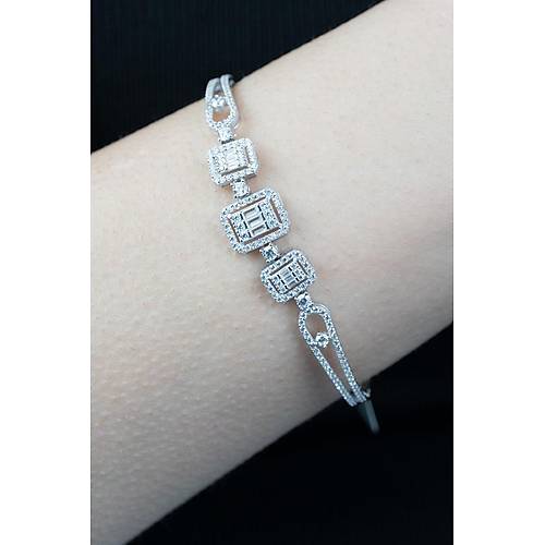 14 Ayar Altın Üç Baget Taşlı Beyaz Altın Kelepçe Bileklik