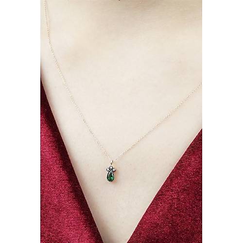 14 Ayar Altın Damla Yeşil Taşlı Rose Zincir Minimal Kolye