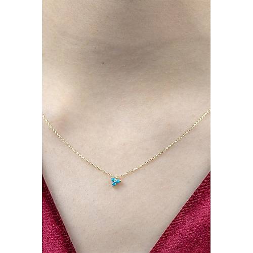 14 Ayar Altın Mini Tria Mavi Taşlı Zincir Minimal Kolye