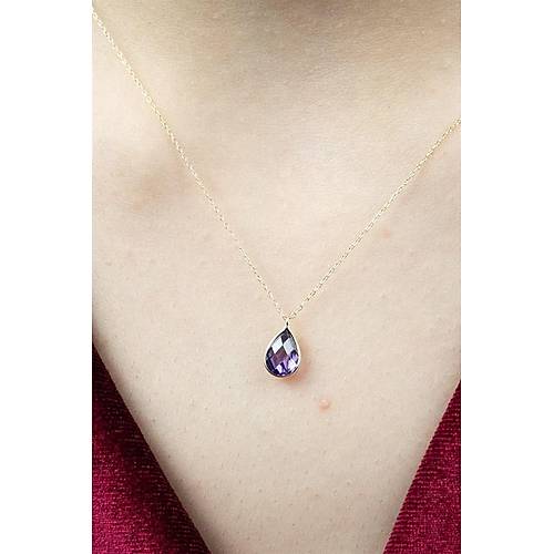 14 Ayar Altın Damla Mor Taş Minimal Kolye