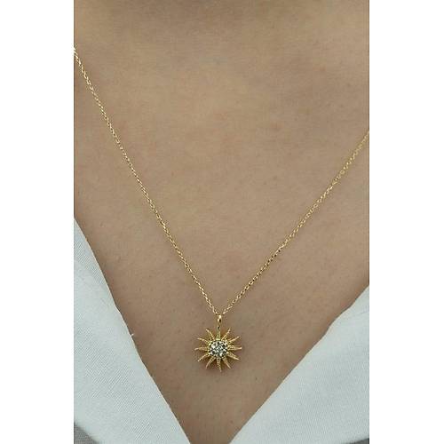 14 Ayar Altın Güneş Taşlı Minimal Kolye