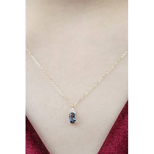14 Ayar Altın Mavi Taşlı Gold Zincir Minimal Kolye