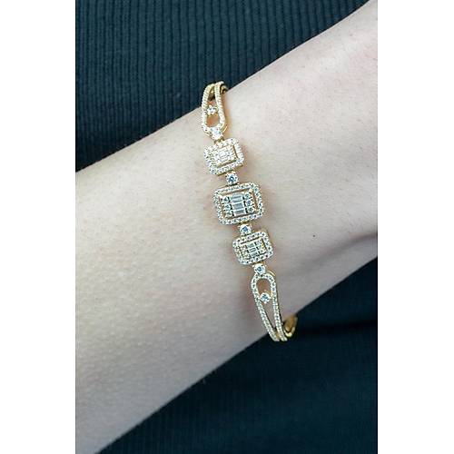 14 Ayar Altın Üç Baget Taşlı Sarı Altın Kelepçe Bileklik