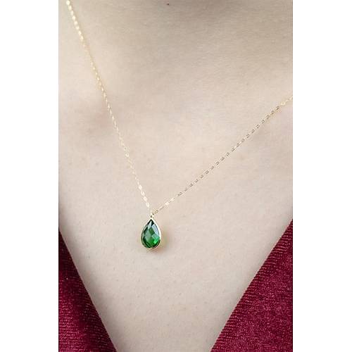 14 Ayar Altın Damla Yeşil Taş Minimal Kolye