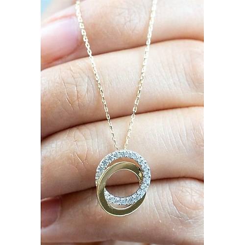 14 Ayar Altın İç İçe Halka Taşlı Kolye 2 gr