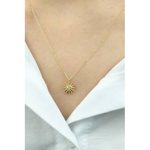 14 Ayar Altın Güneş Taşlı Minimal Kolye