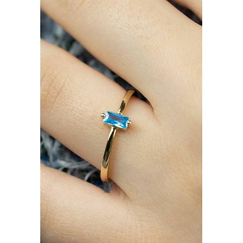 14 Ayar Altın Dikey Taşlı Eklem Yüzük Mavi