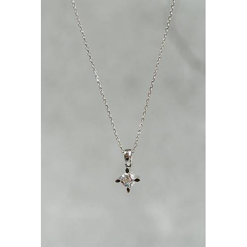 14 Ayar Beyaz Altın Tek Taş Kolye