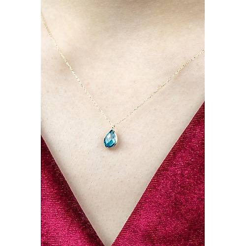 14 Ayar Altın Damla Turkuaz Taş Minimal Kolye