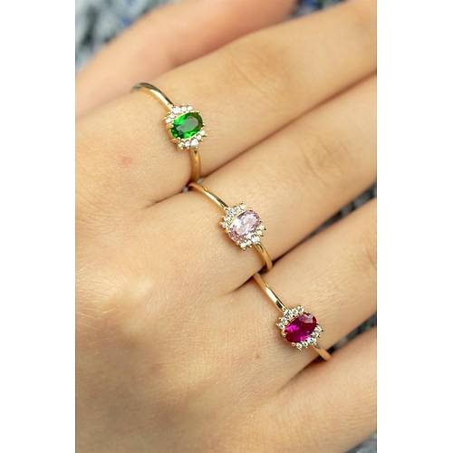 14 Ayar Altın Kenarı Taşlı Yüzük Fuşya