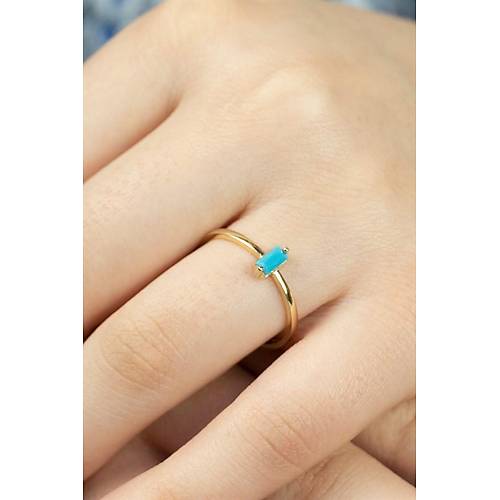 14 Ayar Altın Dikey Taşlı Eklem Yüzük Firuze Mavi
