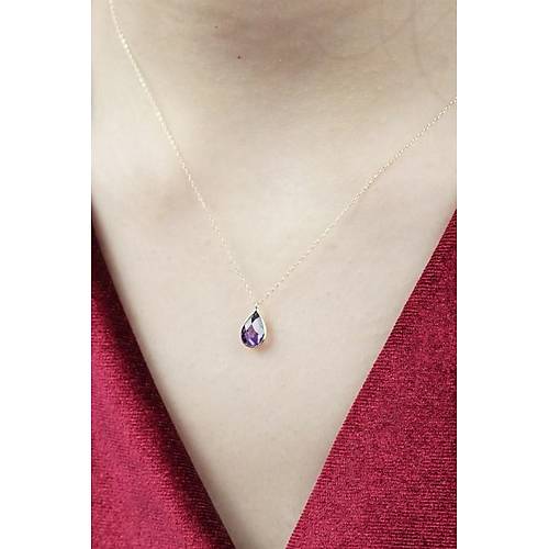 14 Ayar Altın Damla Mor Taş Minimal Kolye