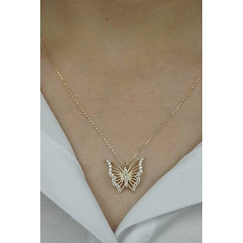 14 Ayar Altın Kelebek Taşlı Kolye