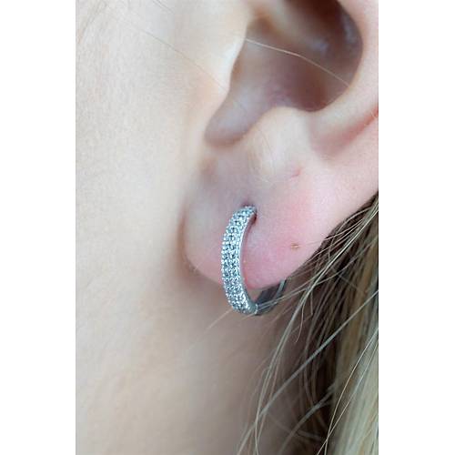 14 Ayar Beyaz Altın Mini Boy Çift Taşlı Küpe