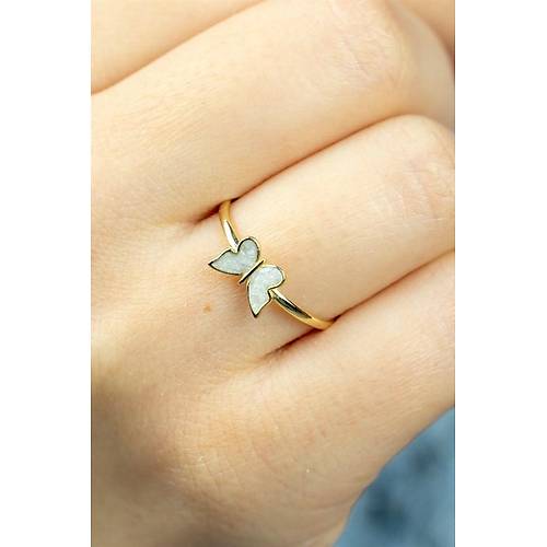 14 Ayar Altın Beyaz Mineli Eklem Yüzük Kelebek