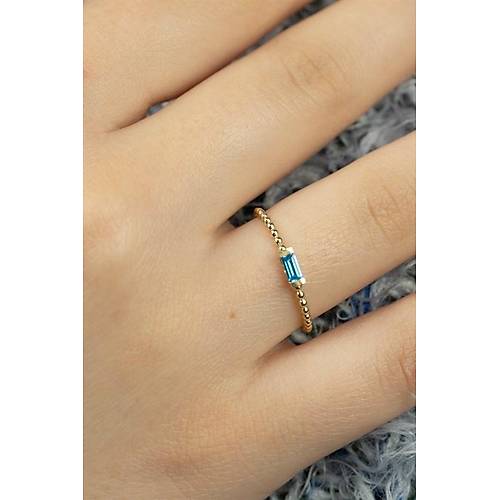 14 Ayar Altın Yatay Taşlı Eklem Yüzük Mavi