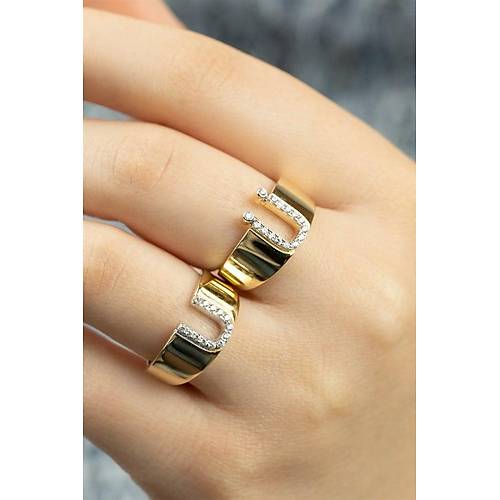 14 Ayar Altın Taşlı Harf Yüzük Ü Harfi