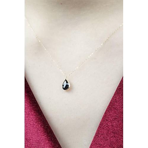 14 Ayar Altın Damla Siyah Taş Minimal Kolye