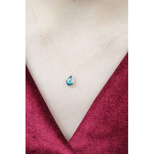 14 Ayar Altın Damla Turkuaz Taş Minimal Kolye