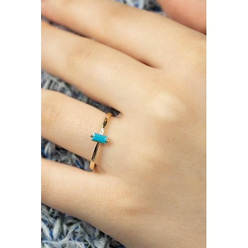 14 Ayar Altın Dikey Taşlı Eklem Yüzük Firuze Mavi