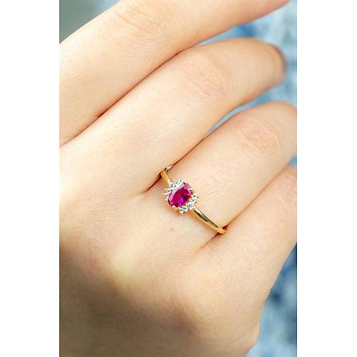 14 Ayar Altın Kenarı Taşlı Yüzük Fuşya