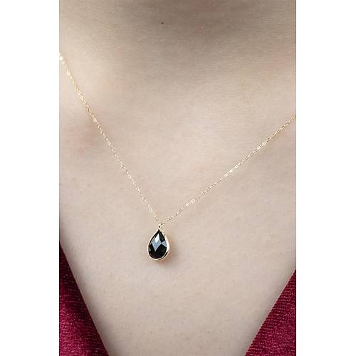 14 Ayar Altın Damla Siyah Taş Minimal Kolye