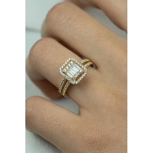 14 Ayar Altın Yanları Çift Sıra Taşlı Gold Baget Yüzük
