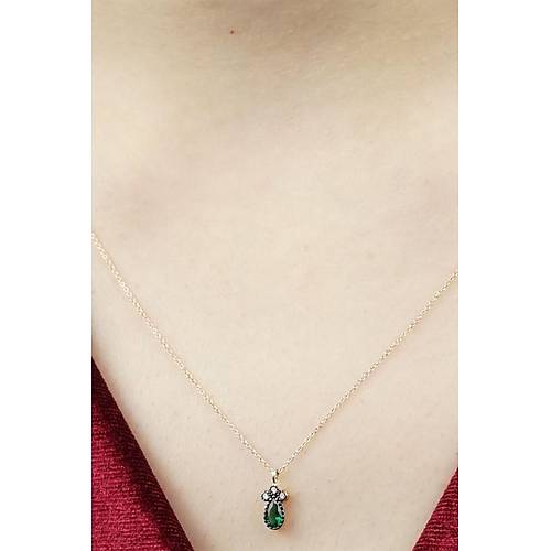 14 Ayar Altın Damla Yeşil Taşlı Rose Zincir Minimal Kolye