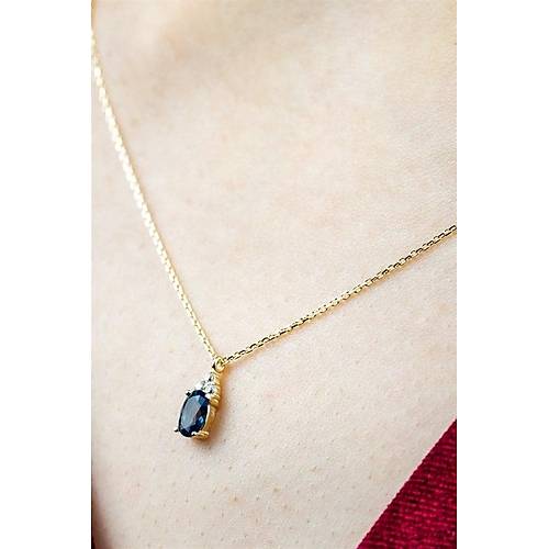 14 Ayar Altın Mavi Taşlı Gold Zincir Minimal Kolye