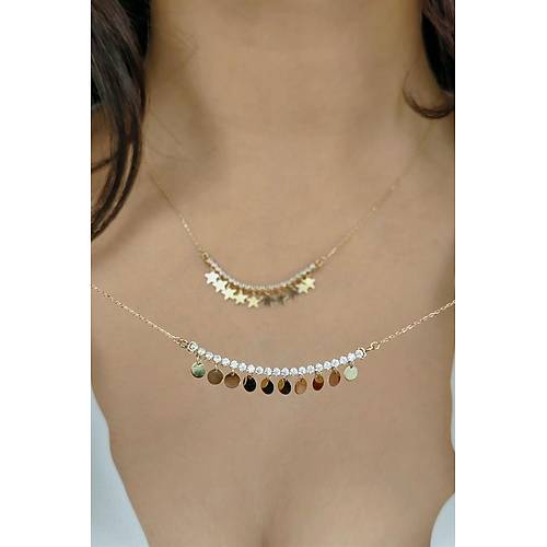 14 Ayar Altın Taşlı Pul Kolye