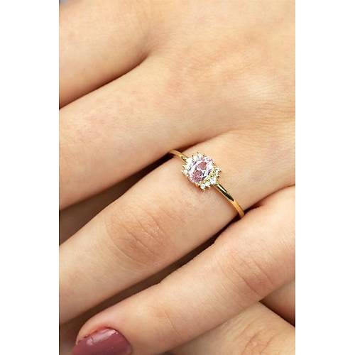 14 Ayar Altın Kenarı Taşlı Yüzük Açık Pembe