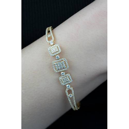 14 Ayar Altın Üç Baget Taşlı Sarı Altın Kelepçe Bileklik