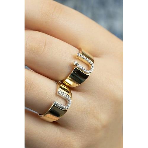 14 Ayar Altın Taşlı Harf Yüzük Ü Harfi