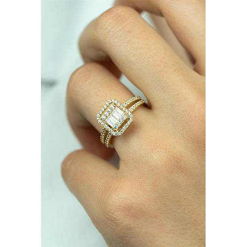 14 Ayar Altın Yanları Çift Sıra Taşlı Gold Baget Yüzük