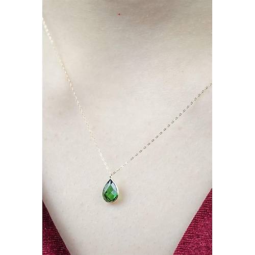 14 Ayar Altın Damla Yeşil Taş Minimal Kolye