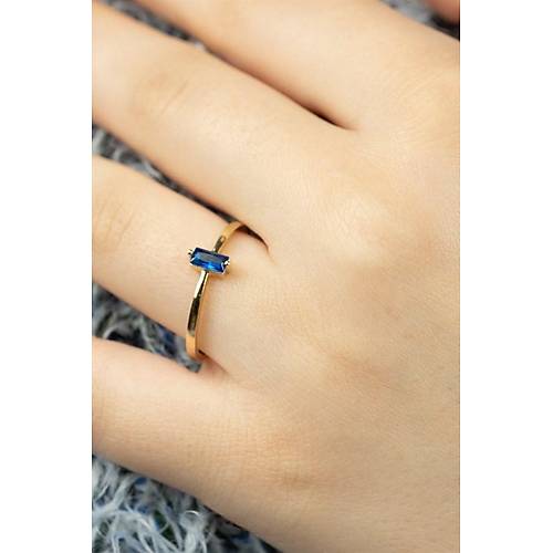 14 Ayar Altın Dikey Taşlı Eklem Yüzük Lacivert