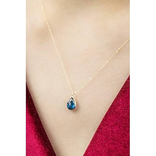 14 Ayar Altın Damla Koyu Mavi Taş Minimal Kolye