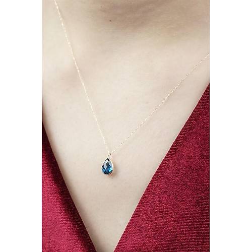 14 Ayar Altın Damla Koyu Mavi Taş Minimal Kolye