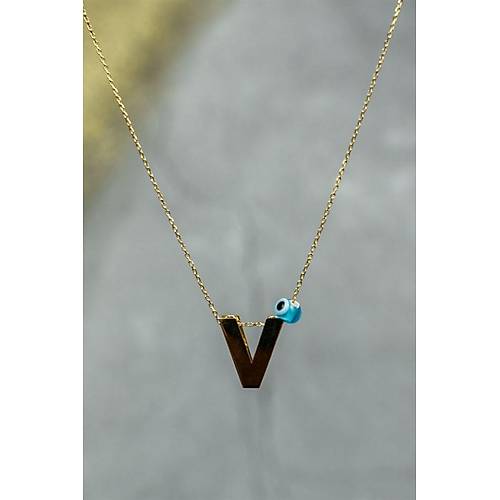 14 Ayar Altın İçi Doricalı Harf Kolye V Harfi