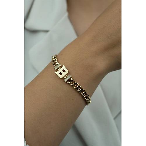 14 Ayar Altın Kenarı Taşlı Harf Bileklik