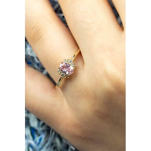 14 Ayar Altın Kenarı Taşlı Yüzük Açık Pembe